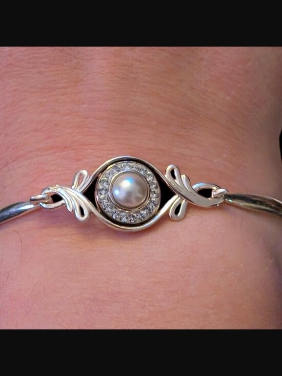 925 Sterling Silver Rhodium Plated Faux Pearl Size 7.5